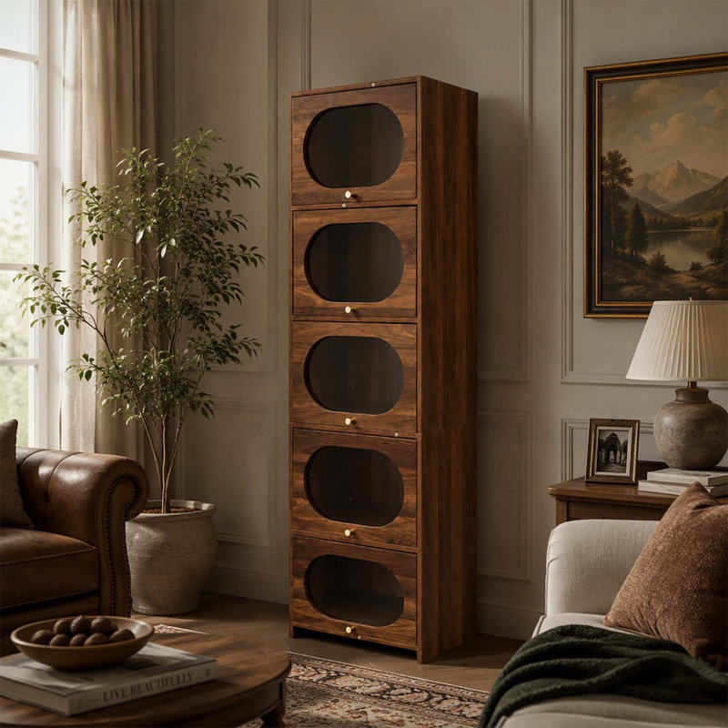Bibliothèque haute à 5 niveaux avec portes vitrées ovales relevables, meuble de rangement autoportant pour salon et bureau à domicile