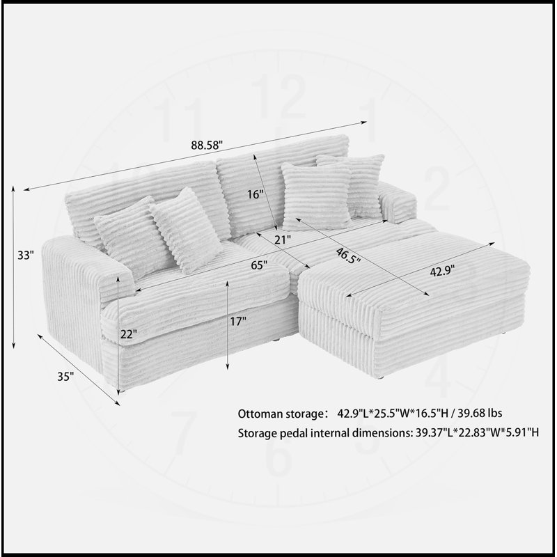 Canapé 88,58 pouces en velours côtelé gris avec un seul pied de rangement et quatre coussins, doux comme un nuage, élégant et confortable