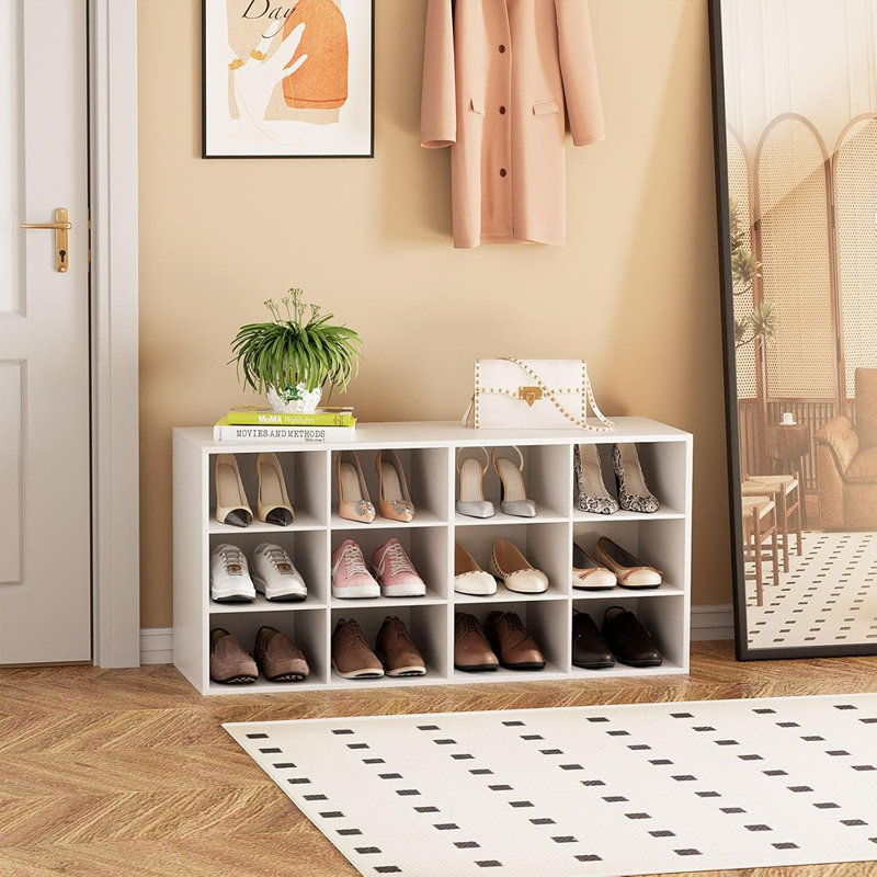 Banc de rangement à chaussures à 3 niveaux avec 12 casiers - Range-chaussures en bois pour l'entrée, blanc