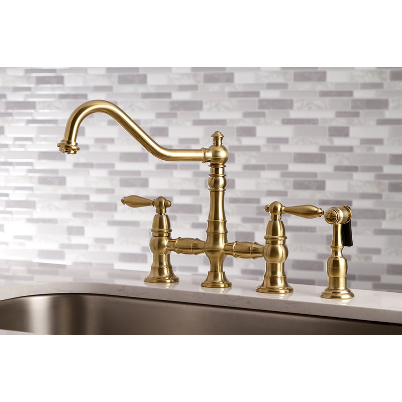 Restoration Bridge Faucet With Side Spray, Satin Brass