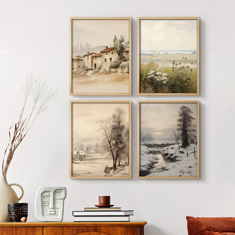 "Paysage rétro", 4 pièces sur papier, H 14 po x l 11 po, Naturel