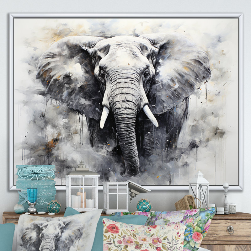 Noir et blanc doux éléphants géants, H 16 po x l 32 po x P 1 po, Cadre flottant blanc
