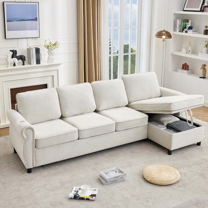 Canapé-lit modulaire en L avec chargement et rangement sans fil, Beige