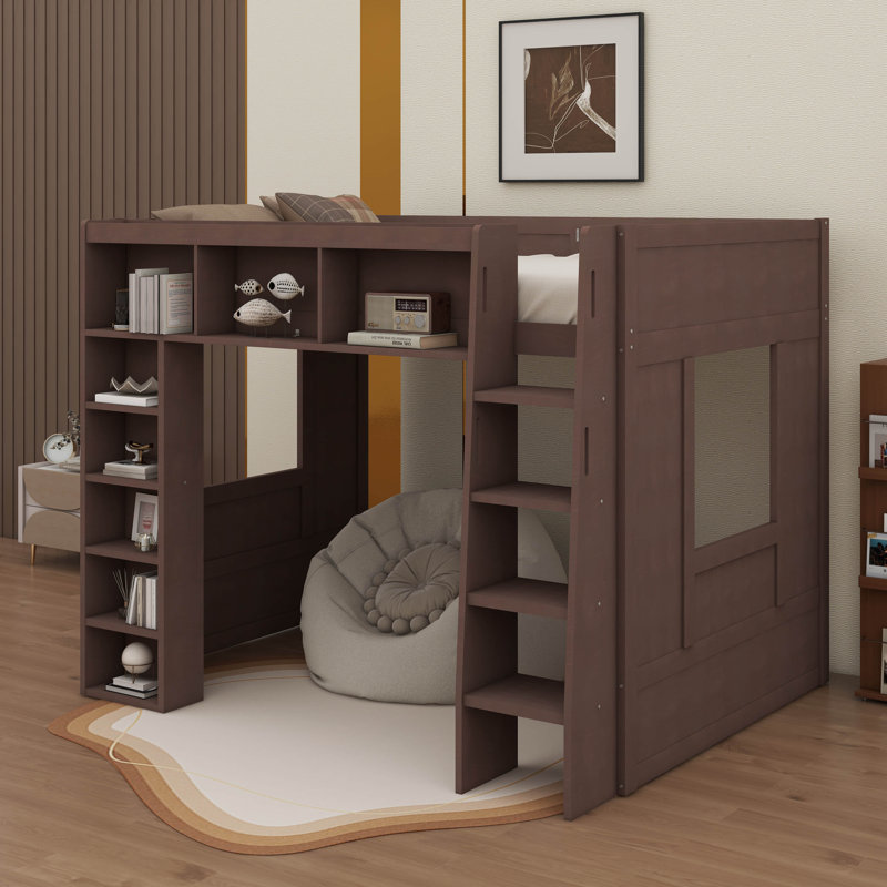 Queen-Scale Wooden Loft Bed With Cabinets & Shelving, Space-Efficient Multifunctional Loft Bed For Compact Rooms, Brown