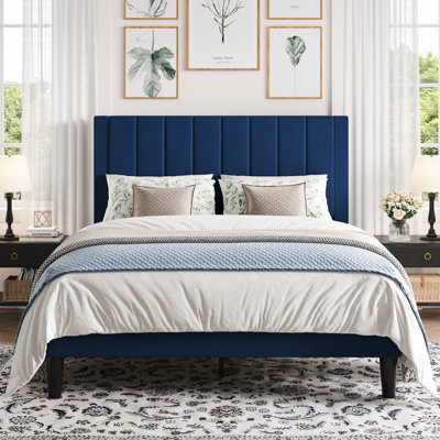 Velvet Upholstered Platform Bed With Headboard & Wooden Slats