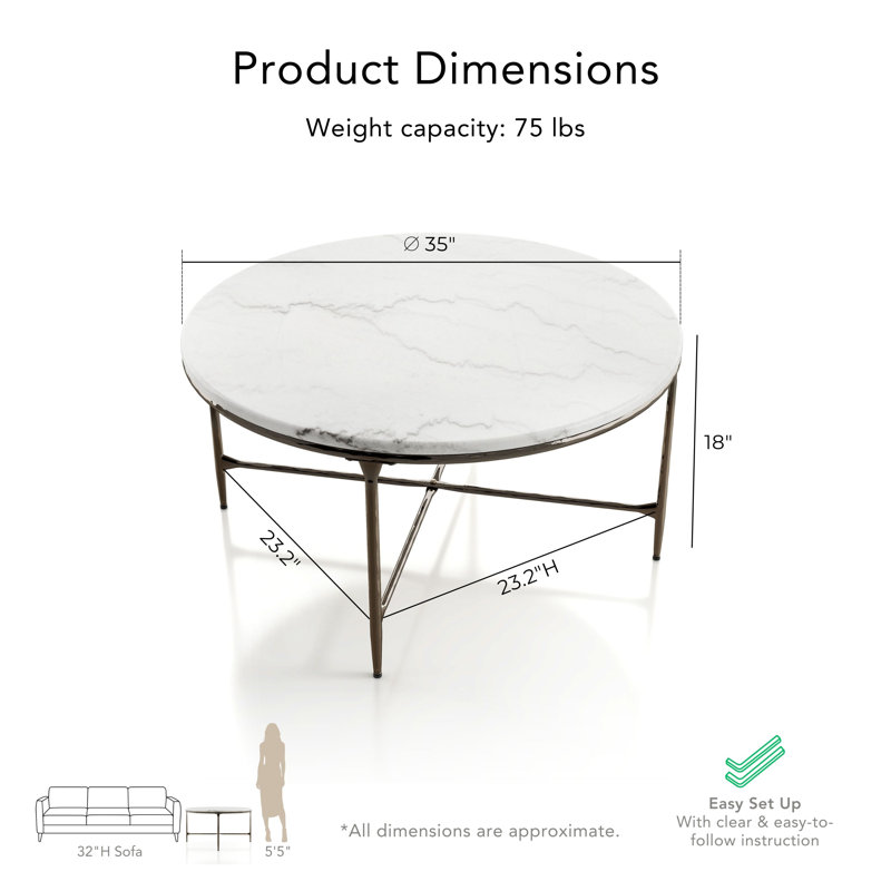 Aureum 35"W Round Genuine Marble Coffee Table with Hammered Metal X-Brace