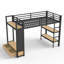 Structure de lit simple simple avec garde-robe, lit mezzanine en métal avec tablettes de rangement et panneau perforé, noir-1255935191