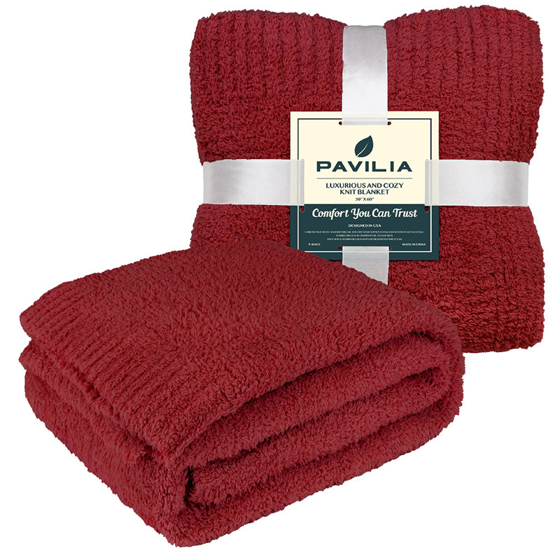 Deep Red Plush Knit Reversible Throw Blanket
