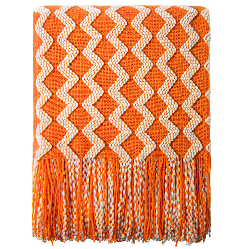 Acrylic Knitted Throw Blanket, Lightweight and Soft with Tassels, Wave - NTBAY, Orange