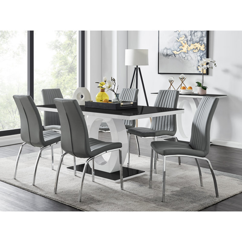 Scottsmoor Modern High Gloss Halo 6 Seater Dining Table Set with Luxury Faux Leather Dining Chairs, Gray, Black