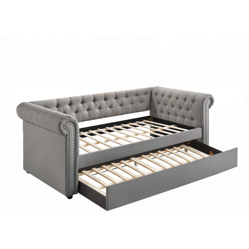 Luxurious Modern Aesthetic Button Tufted Nailhead Trim Daybed with Pull-Out Trundle for Guest Rooms, Dove Gray, Gray Tan