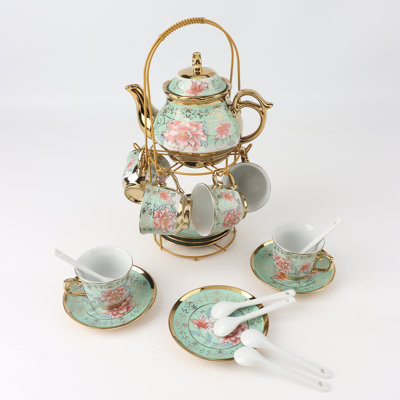 20-Piece European Ceramic Tea Set – Green Porcelain Coffee Cup & Saucer Set with Gold Electroplated Trim, Teapot, Metal Stand & Spoons