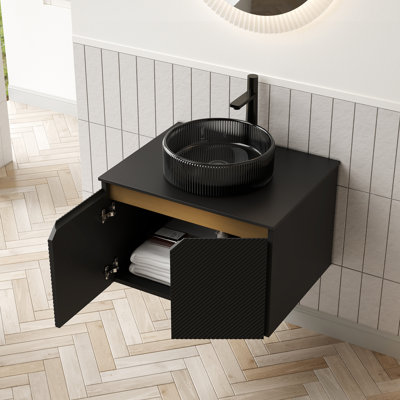 Meuble-lavabo flottant mural de 24 po, lavabo en verre noir transparent, rayures artistiques, comptoir en pierre frittée, portes doubles en sergé, amortisseur à fermeture en douceur, facile à nettoyer et à entretenir