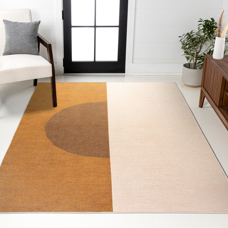 Demi cercle minimaliste rouille / crème lavable à la machine 5 pi X 8 pi Tapis, Rectangle 7 pi 10 po x 10 pi