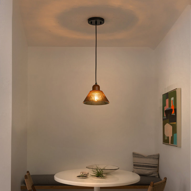 Vintage Pendant Light with Yellow-Green Gradient Glass Shade, Walnut Wood and Matte Black Metal, Adjustable Height 12''-85'', ETL Listed