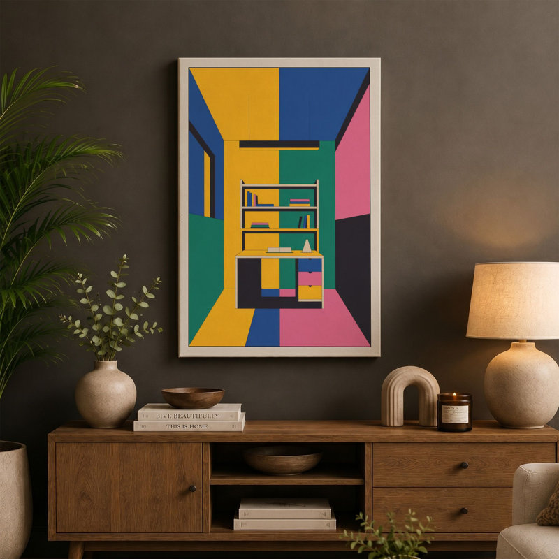 Geometric Bookshelf Modern 1 Piece Wrapped Canvas Wall Art, 24x16 - 61.0 x 40.6 cm, Sage Border