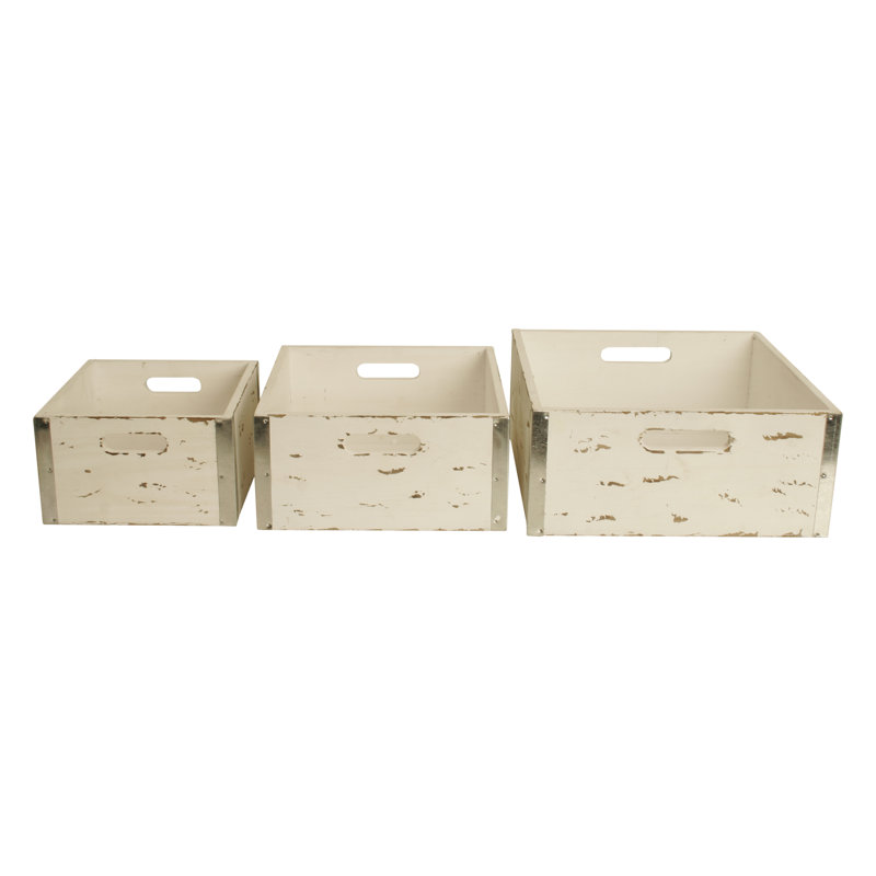 Ensemble de 3 caisses en bois vieilli, Blanc