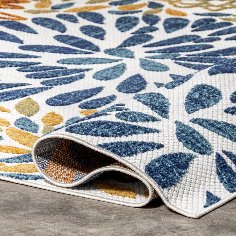 Weyland Floral Power Loom Blue/Orange Indoor/Outdoor Patio Rug, Rectangle 6'7" x 9'