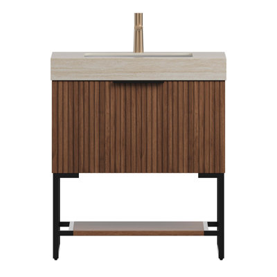 30" Bathroom Vanity&Sink, Freestanding Striped Plywood Storage Cabinet with Drawer&Open Shelf, Roma Travertine Sintered Stone Top&Undermount Ceramic Basin, Pre-assembled, Dark Walnut Woodgrain