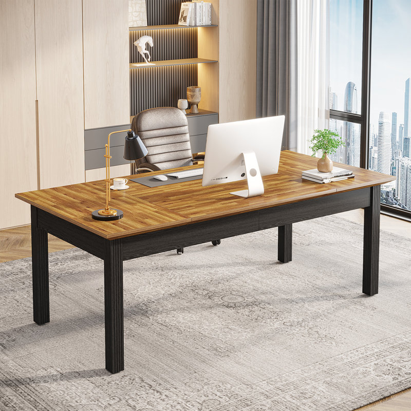 Bureau d'ordinateur 62 pouces, grand bureau de direction avec pieds en bois massif, Brun clair/noir