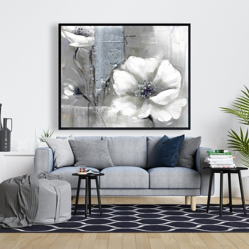 Monochrome And Silver Flowers Print On Canvas