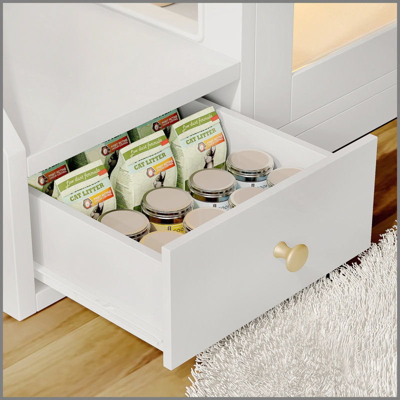 Enceinte de litière pour chat avec lumière, meuble de litière caché avec 2 tiroirs de rangement, table d'appoint intérieure pour chat, blanc