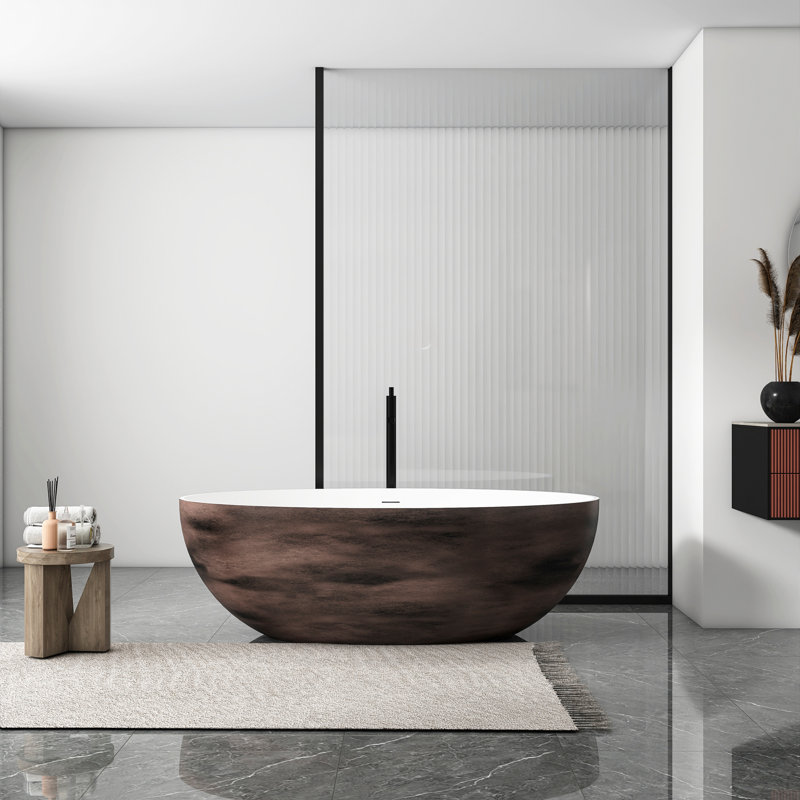Baignoire de trempage autoportante à surface solide de 67 pouces pour salle de bain, Blanc/noyer