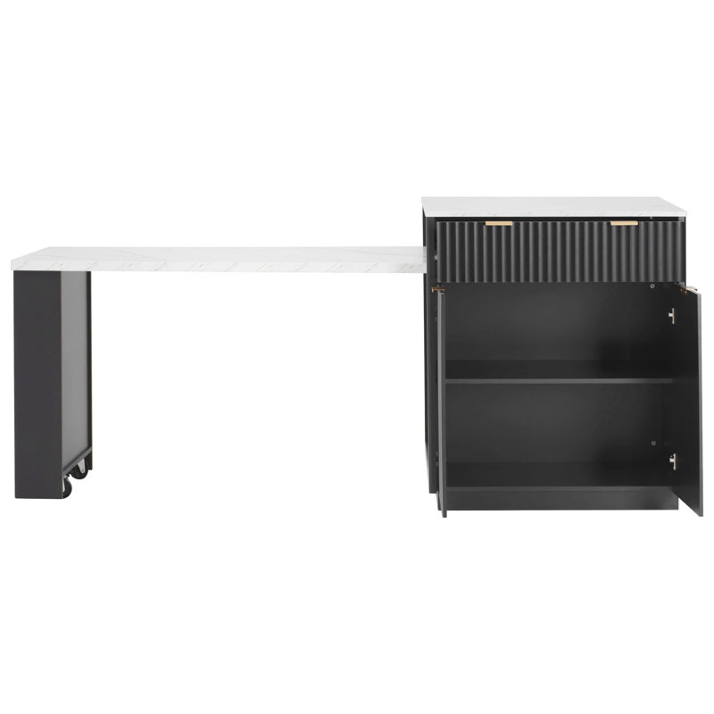 Îlot de cuisine cannelé de 82,6 po avec table de salle à manger extensible pour 4 à 6 personnes, table d'îlot de cuisine avec prise de courant, table de cuisine avec rangement double, 2 tiroirs et 2 tablettes latérales ouvertes