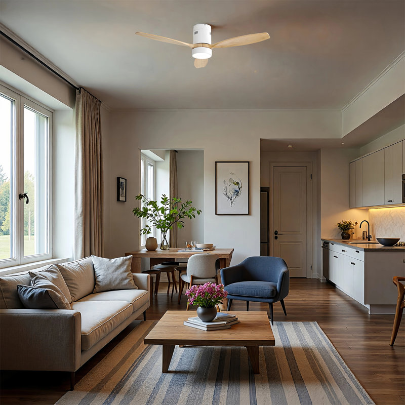  Ventilateur de plafond moderne à 3 pales de 52 po à DEL avec pales en bois et télécommande Airys, Bois naturel