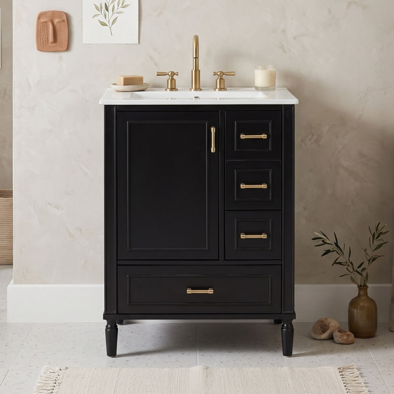 Meuble-lavabo autoportant peu encombrant avec lavabo en céramique, charnières à fermeture douce et tiroirs de rangement, Noir