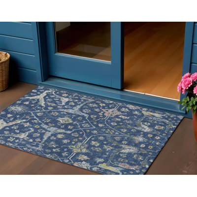 Tapis intérieur/extérieur lavable, 90 x 150 cm, bleu marine, or et ivoire à motifs floraux