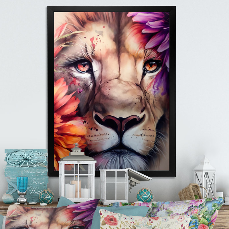 Portrait de lion avec fleurs I - reproduction sur toile, H 32 po x l 24 po x P 1 po, Impression noire sur toile encadrée