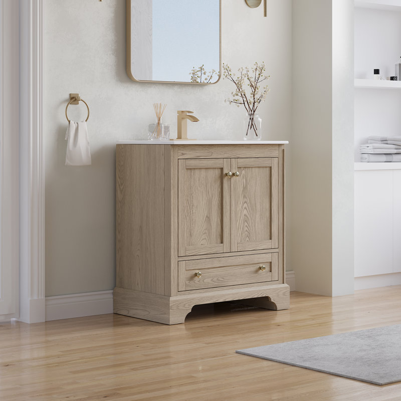 Meuble-lavabo moderne en bois massif l 30 po x H 34,1 po, lavabo en céramique Cupc et poignées en aluminium doré, charnières à fermeture en douceur DTC