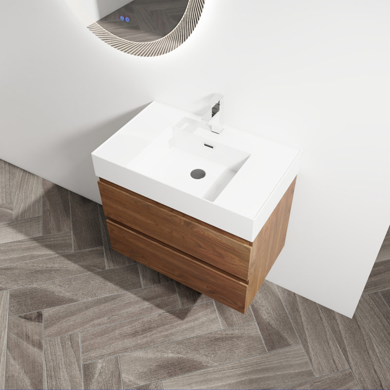 Meuble-lavabo mural avec lavabo en résine, 30", Chêne brun