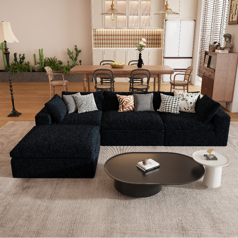 Canapé d'angle modulaire à compression 4 pièces de 117 pouces de large, canapé en forme de L avec assise profonde en chenille et coussins, canapé avec méridienne (noir)