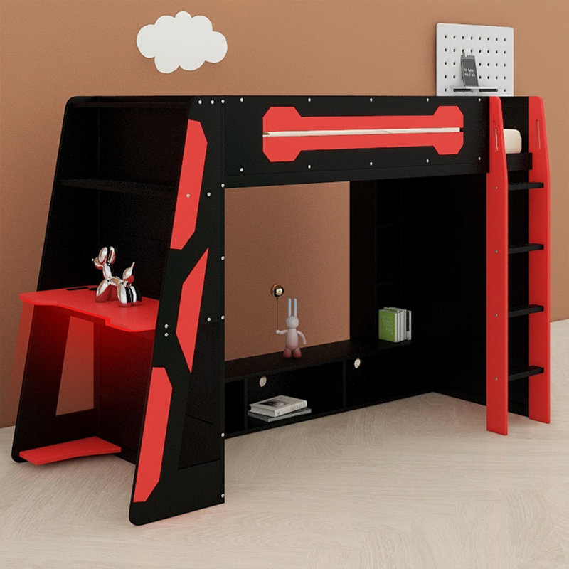 Lit mezzanine en bois moderne avec bureau intégré, tablettes de rangement et éclairage RVB, Rouge