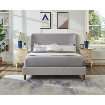 Lit plateforme tapissier moderne avec tête de lit à oreilles, structure de lit en tissu de lin, aucun sommier requis, gris, lit double