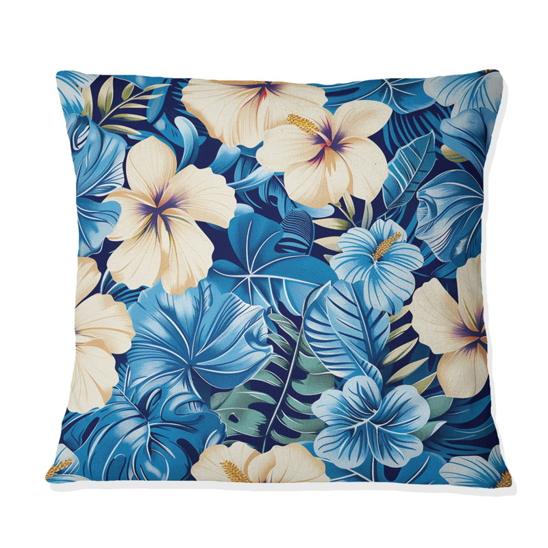 Coussin décoratif hibiscus beige et bleu tropical, H 18 po x l 18 po