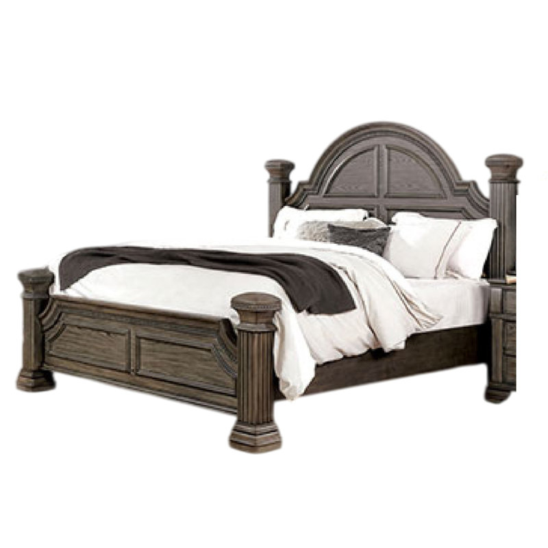 Grand lit Akia, bois massif gris, poteaux de roseau classiques, moulures, Gris, Grand