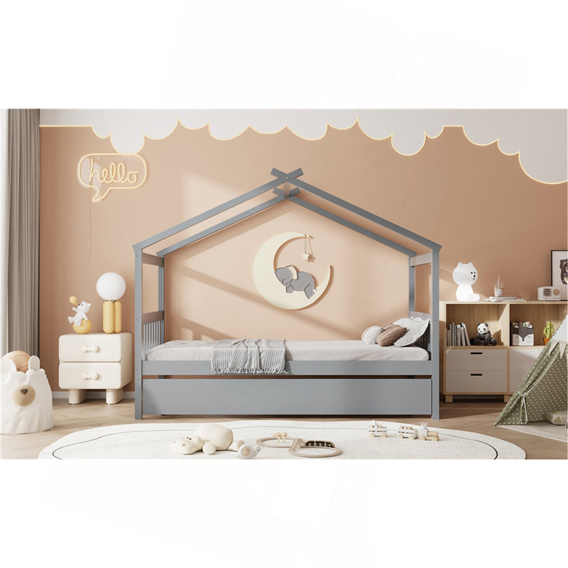 Lit simple en bois avec lit gigogne simple, Gris