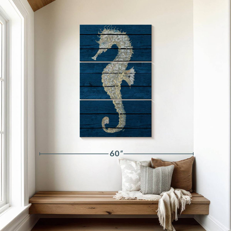 Hippocampe antique Brampt sur bleu II, H 45 po x l 28 po