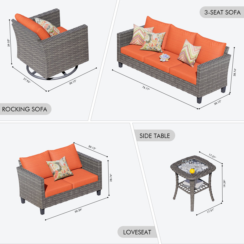 Ensemble de conversation d'extérieur 7 personnes avec coussins, Orange-rouge