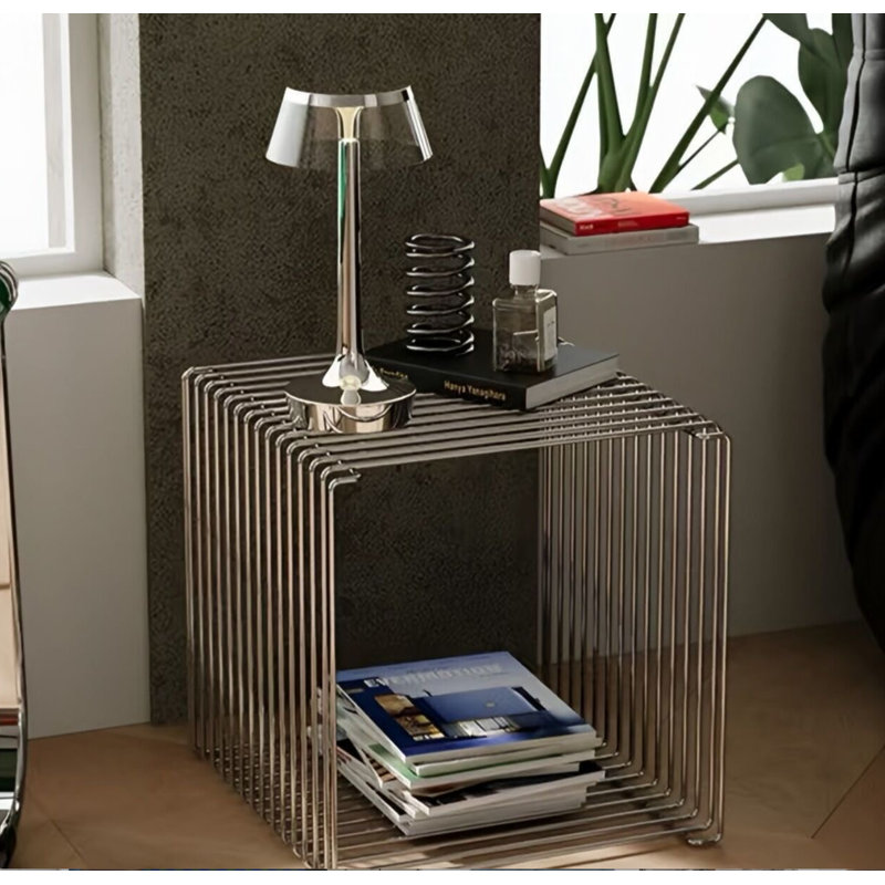 Square Wrought Iron Sofa Side Table, Silver.