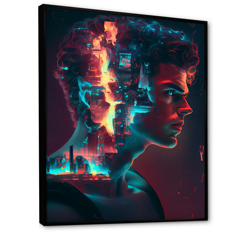 «Double Exposure Man Portrait Sci-Fi I», impression sur toile, H 20 po x l 12 po x P 1 po, Toile avec cadre flottant noir