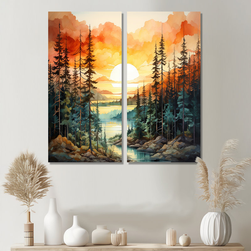 Pine Tree Sunset Glow II - impressions sur toile jaunes, 32" H x 32" W, Wrapped Canvas, Does Not Apply