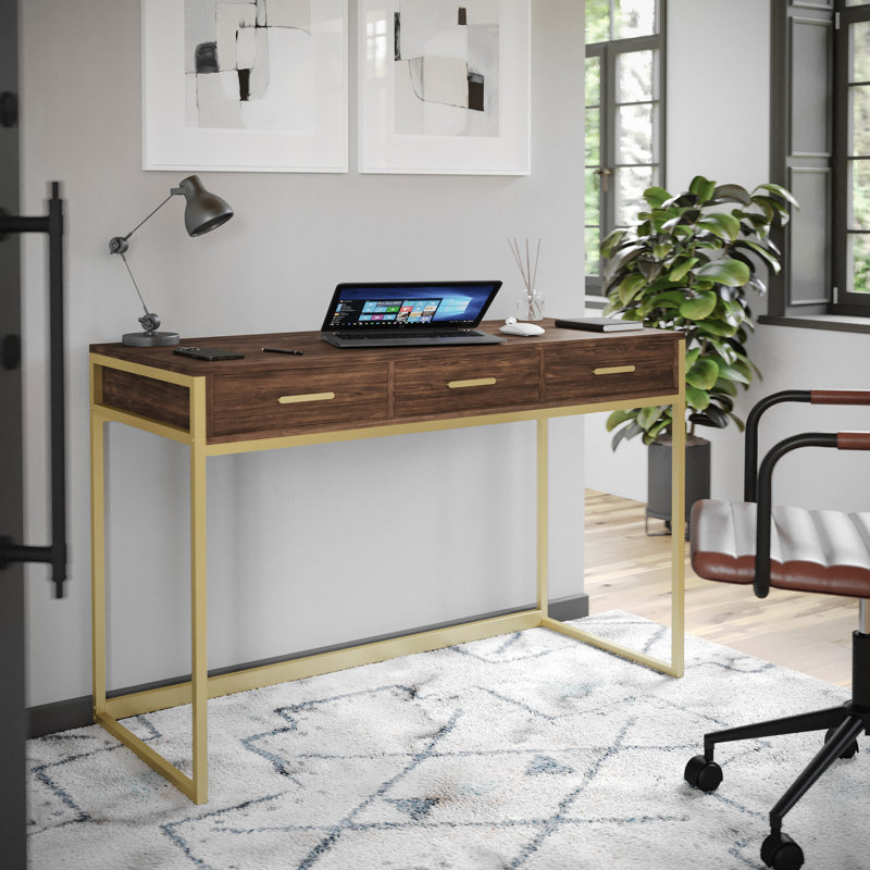 Huddleston Martha Stewart 3 Drawer Home Office Desk with Metal Frame and Hardware, Walnut/Polished Brass