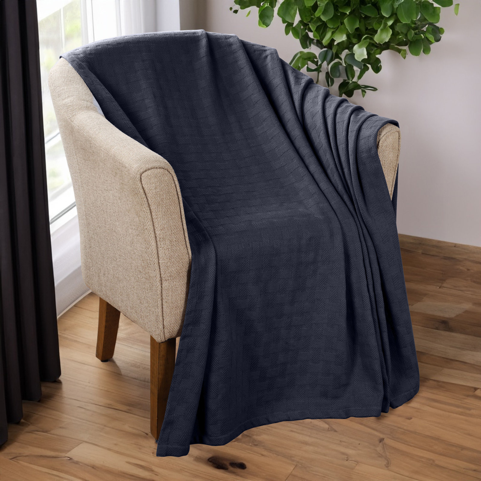 Bertie Cotton Machine Woven Throw Blanket, Navy Blue, King