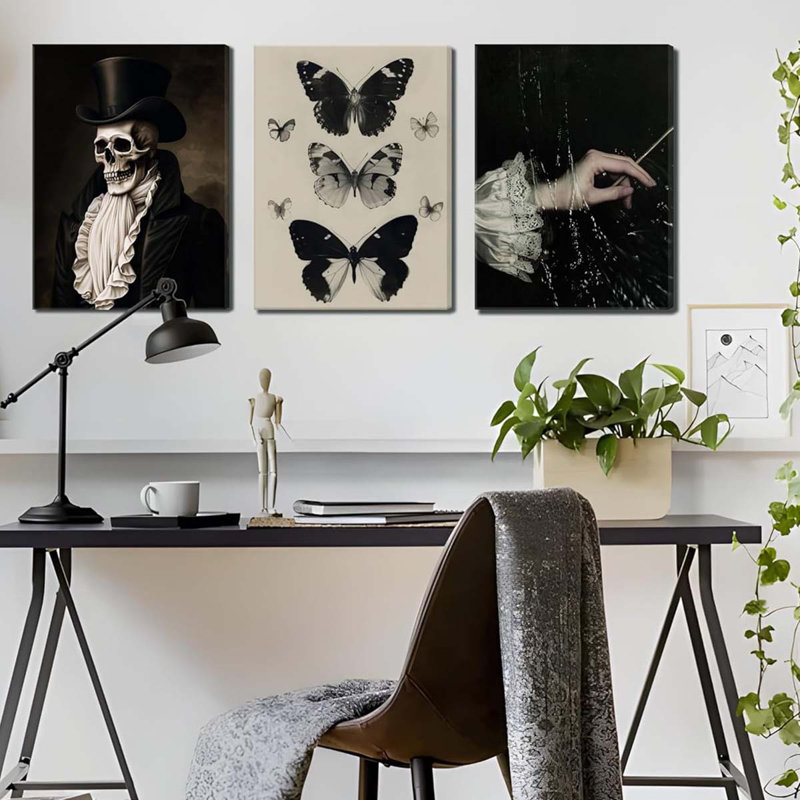 Wall Art, Moody Gothic Canvas Prints Wall Decor Paintings, Victorian Creepy Skull And Moth Posters Pictures Artwork.