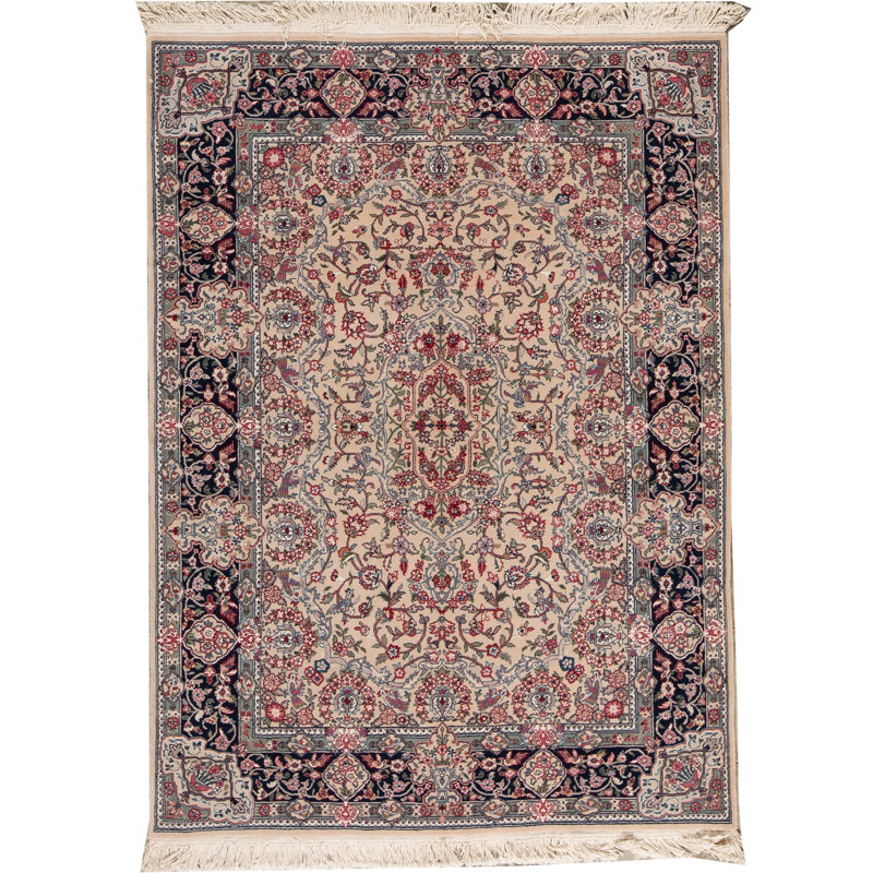 Tapis crème et bleu marine noué à la main de haute qualité