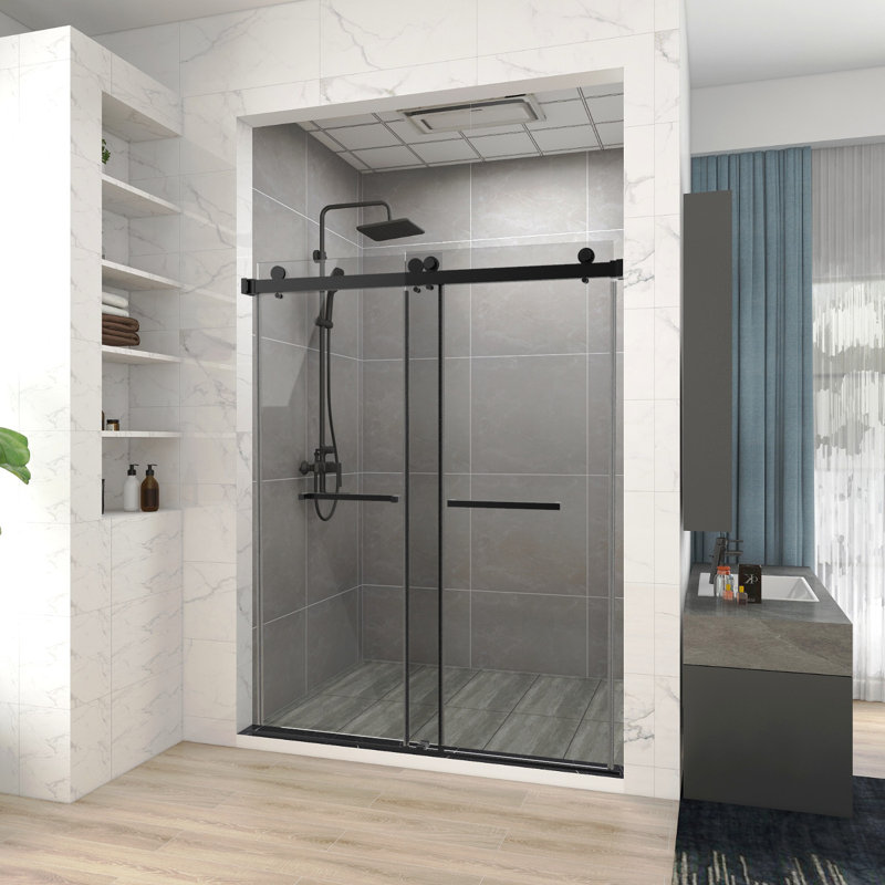 72 In. W X 76 In. H Freestanding Double Sliding Frameless Shower Enclosure In Matte Black Finish, Matte Black